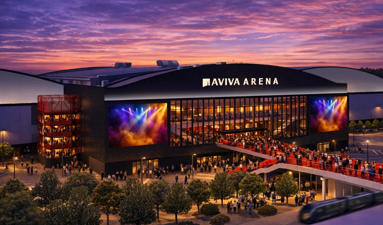 Exterior concept visualisation of Aviva Arena at dusk, with its illuminated entrance and Aviva Arena sign