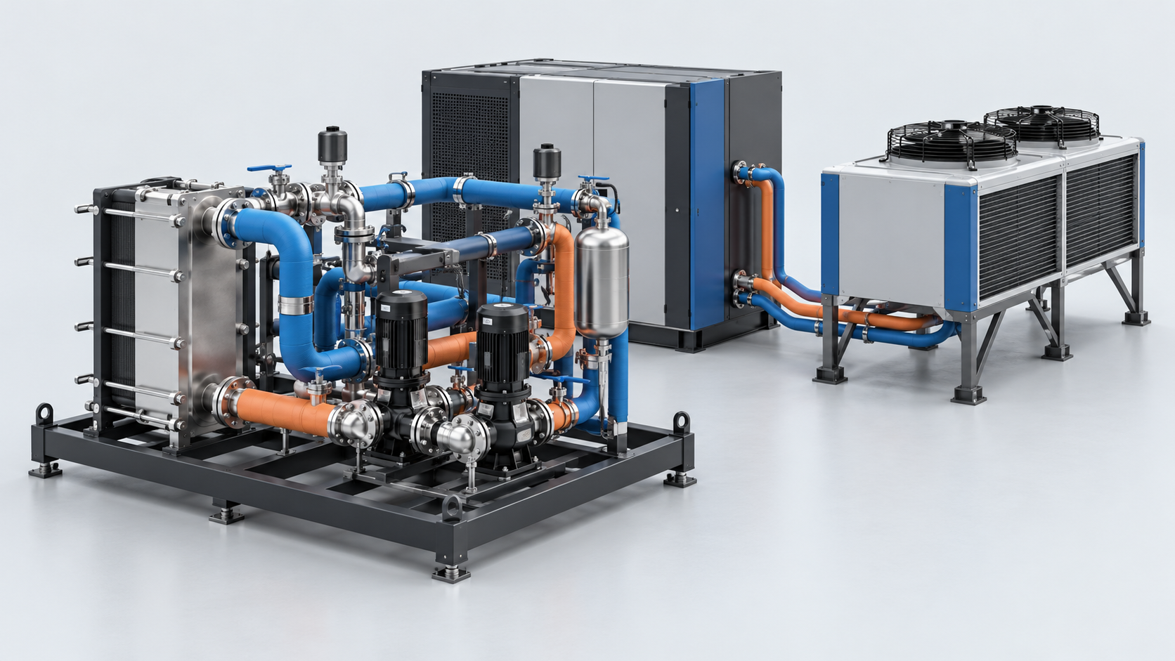 Concept render of a liquid-cooling skid, heat exchanger, pumps and dry cooler
